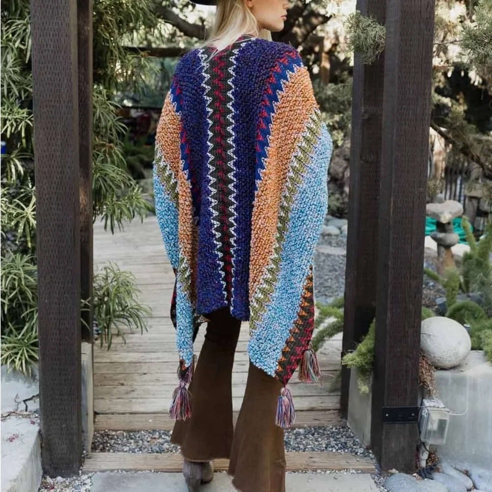 Colorful Crochet Patterned Ruana in Indigo - Picture 14 of 14